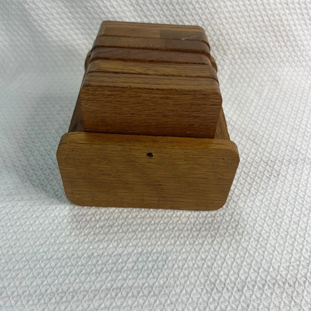 Vintage Mid Century Modern Oak Wood and Cork Coaster Set of 6 with‎ Caddy Holder